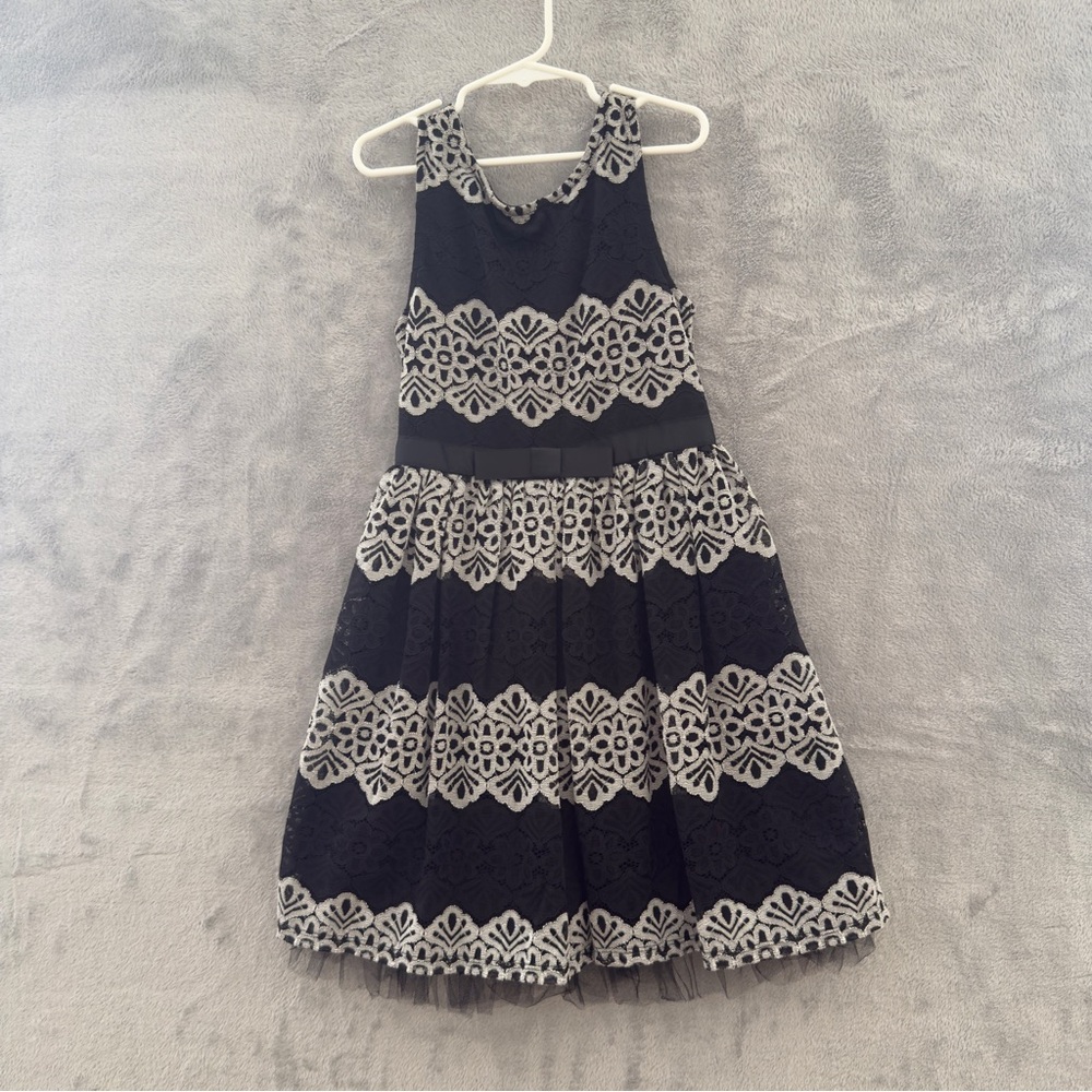 Speechless Black and Silver Lace Dress Girls Bow with Tie Back Size 8